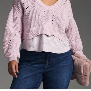 Anthropologie Layered Knit Cropped Sweater Lavender Pink V-Neck